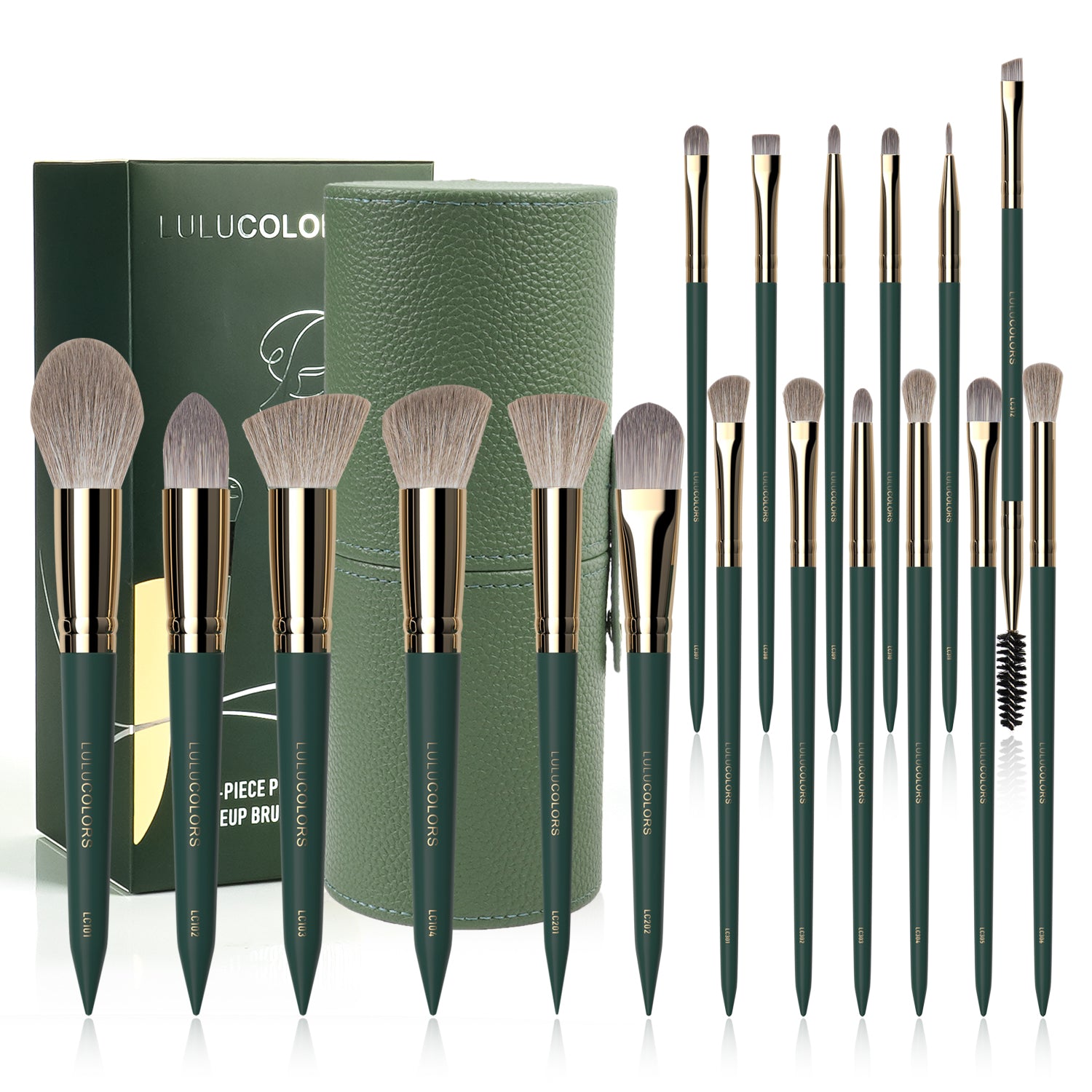 LULUCOLORS 18 PCS Green wooden handle with pointed tail Make-up Brush Set