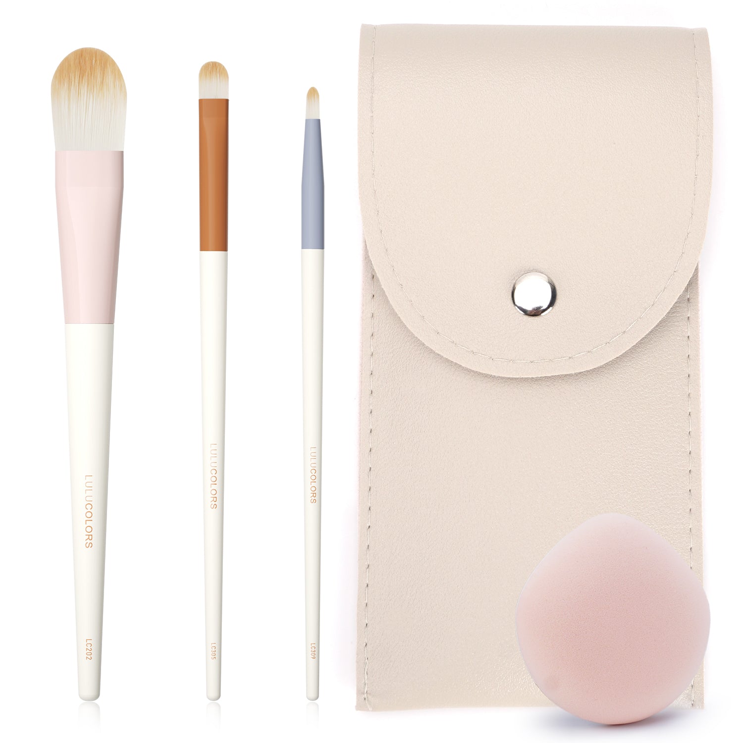 3-pcs Makeup Brush Set with a Makeup sponge and PU pouch