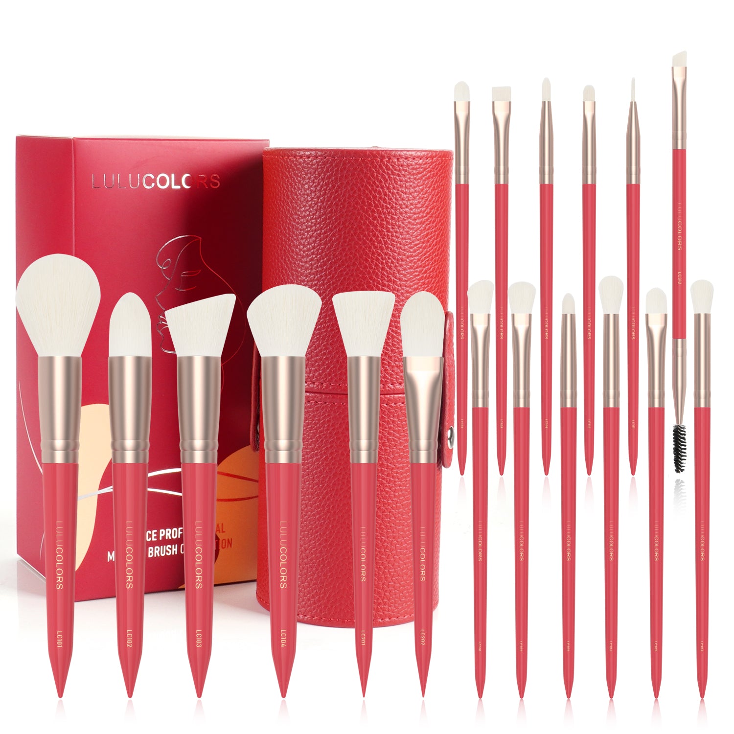 LULUCOLORS 18 PCS Red wooden handle with pointed tail Make-up Brush Set