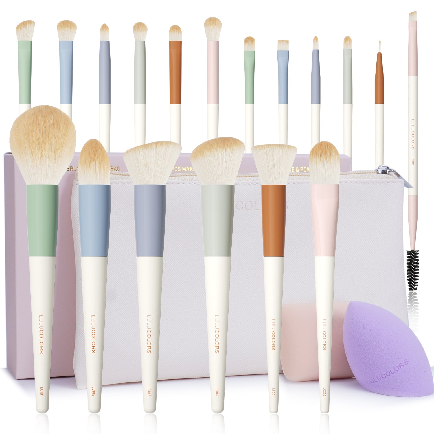 18 Pcs Colorful Makeup Brush Set with Makeup Sponge and Travel Pouch