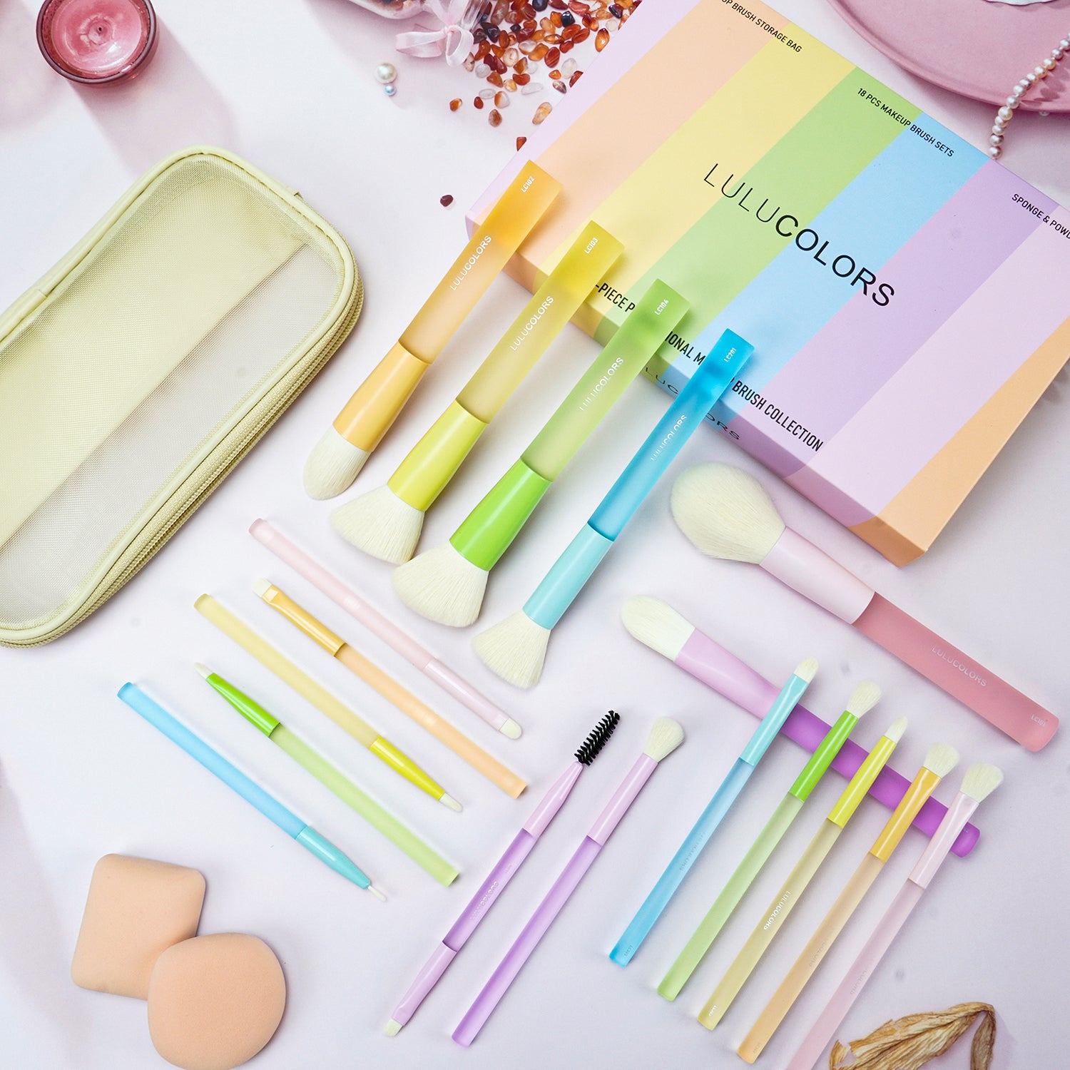 LULUCOLORS 18pcs Rainbow Color Makeup Brush Set